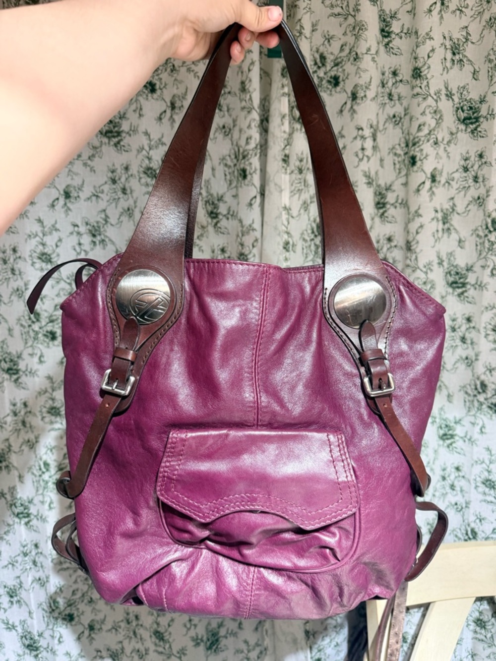 Plum Leather Shoulder Tote with Dark Brown Straps